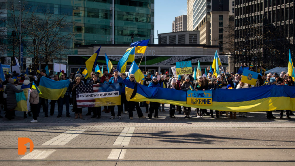 Ukrainian Americans march on the street about the Russian-Ukrainian conflict